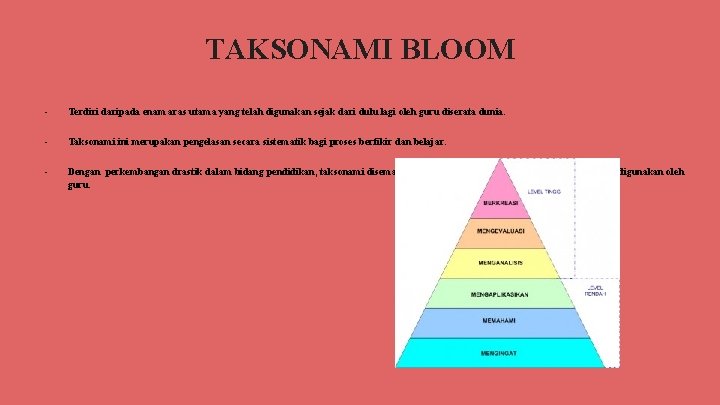 TAKSONAMI BLOOM - Terdiri daripada enam aras utama yang telah digunakan sejak dari dulu