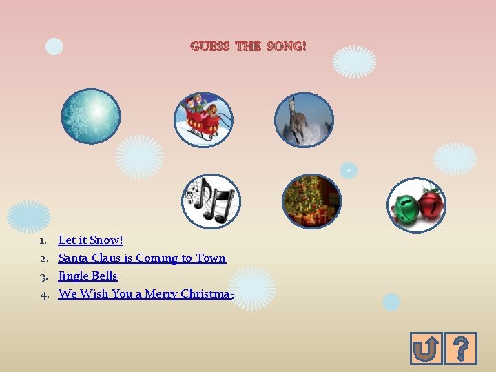 GUESS THE SONG! 1. 2. 3. 4. Let it Snow! Santa Claus is Coming
