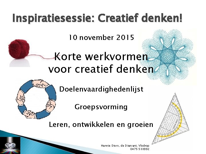 Inspiratiesessie: Creatief denken! 10 november 2015 Korte werkvormen voor creatief denken Doelenvaardighedenlijst Groepsvorming Leren,