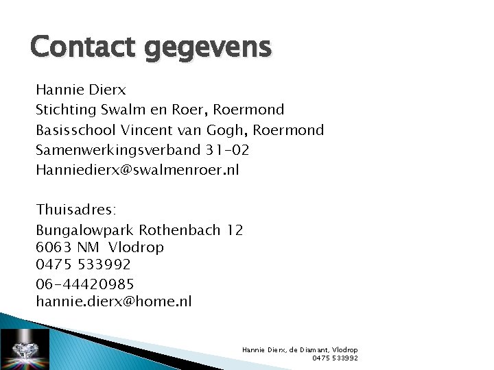 Contact gegevens Hannie Dierx Stichting Swalm en Roer, Roermond Basisschool Vincent van Gogh, Roermond