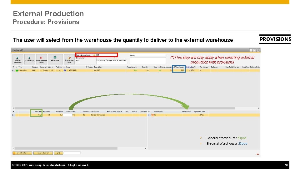 External Production Procedure: Provisions The user will select from the warehouse the quantity to