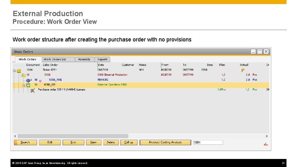 External Production Procedure: Work Order View Work order structure after creating the purchase order