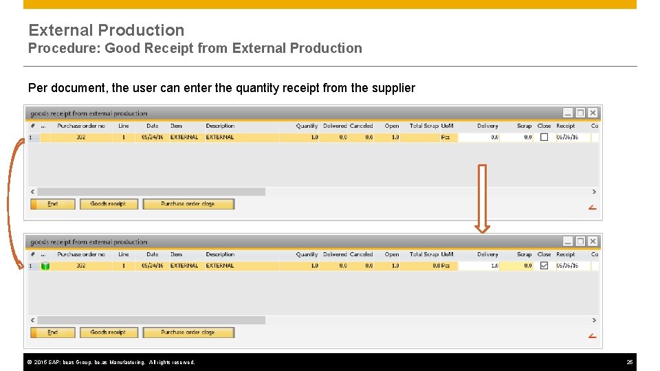 External Production Procedure: Good Receipt from External Production Per document, the user can enter