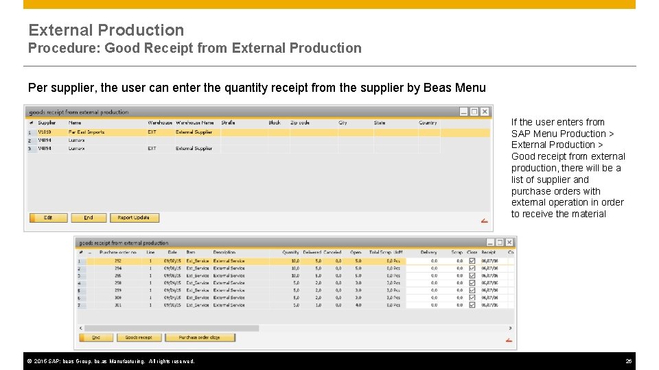 External Production Procedure: Good Receipt from External Production Per supplier, the user can enter