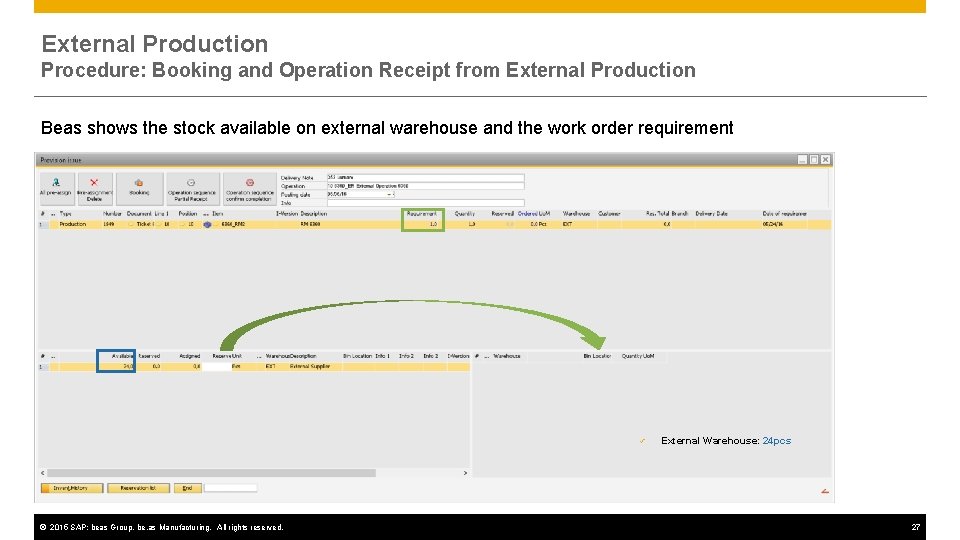 External Production Procedure: Booking and Operation Receipt from External Production Beas shows the stock