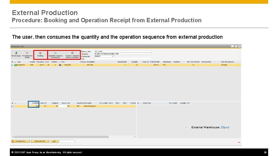 External Production Procedure: Booking and Operation Receipt from External Production The user, then consumes