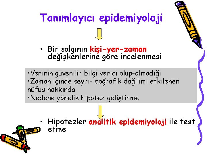Tanımlayıcı epidemiyoloji • Bir salgının kişi-yer-zaman değişkenlerine göre incelenmesi • Verinin güvenilir bilgi verici