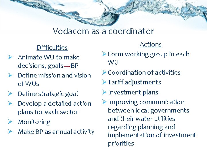 Vodacom as a coordinator Ø Ø Ø Difficulties Animate WU to make decisions, goals