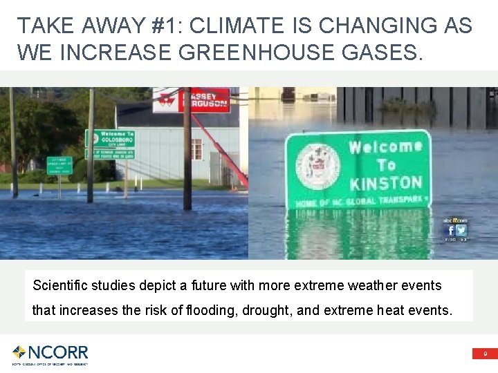 TAKE AWAY #1: CLIMATE IS CHANGING AS WE INCREASE GREENHOUSE GASES. Scientific studies depict