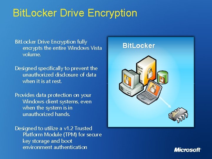 Bit. Locker Drive Encryption fully encrypts the entire Windows Vista volume. Designed specifically to