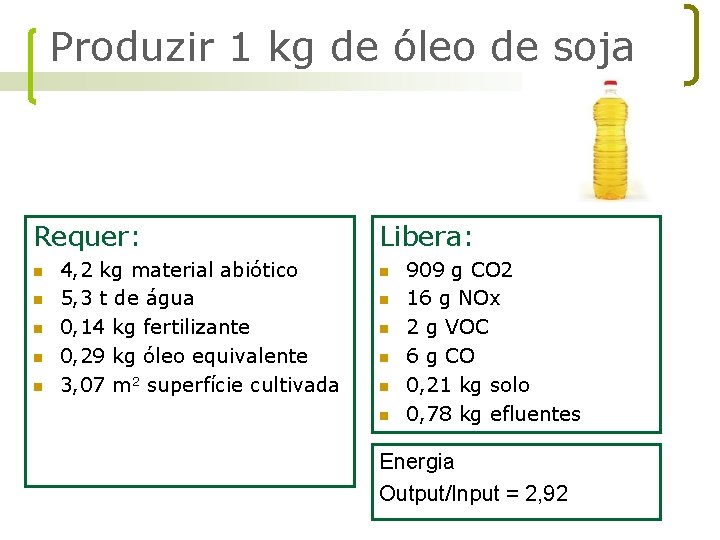 Produzir 1 kg de óleo de soja Requer: n n n 4, 2 kg