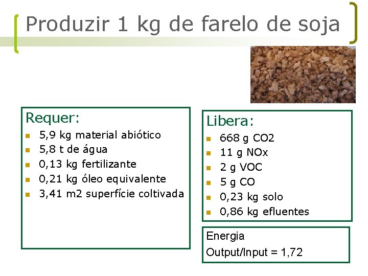 Produzir 1 kg de farelo de soja Requer: n n n 5, 9 kg