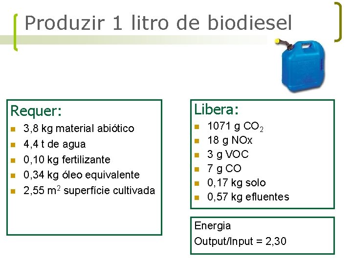 Produzir 1 litro de biodiesel Requer: n n n 3, 8 kg material abiótico