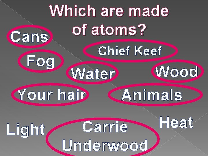 Which are made o f atoms? Cans Fog Chief Keef Wood Water Your hair Which are made o f atoms? Cans Fog Chief Keef Wood Water Your hair