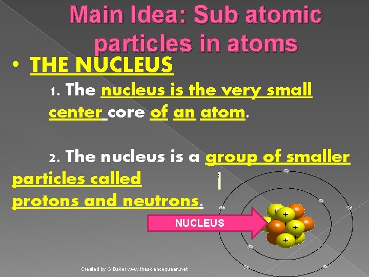 Main Idea: Sub atomic particles in atoms • THE NUCLEUS 1. The nucleus is Main Idea: Sub atomic particles in atoms • THE NUCLEUS 1. The nucleus is