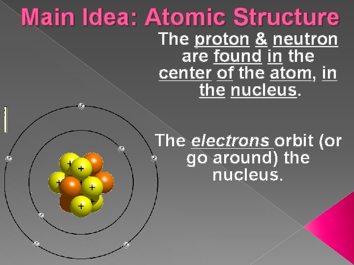 Main Idea: Atomic Structure The proton & neutron are found in the center of Main Idea: Atomic Structure The proton & neutron are found in the center of