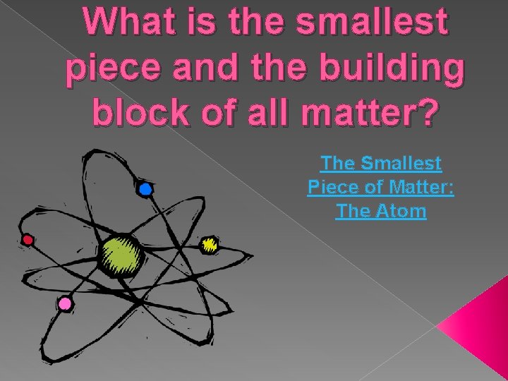 What is the smallest piece and the building block of all matter? The Smallest What is the smallest piece and the building block of all matter? The Smallest