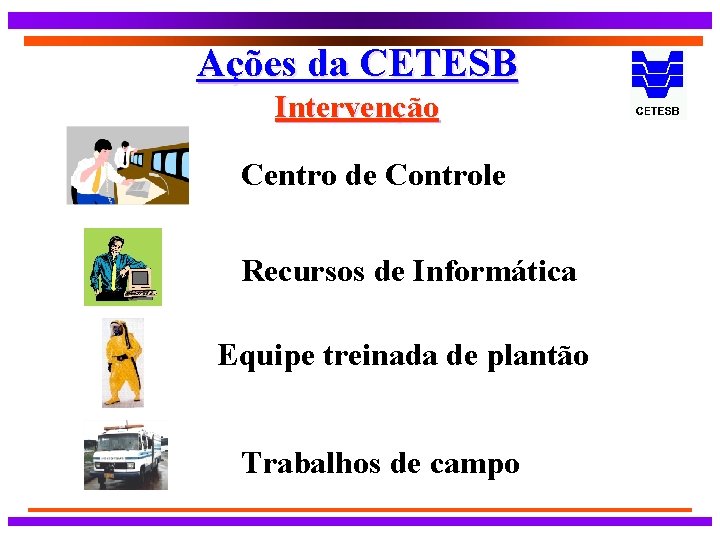 Ações da CETESB Intervenção Centro de Controle Recursos de Informática Equipe treinada de plantão