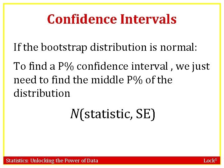 Confidence Intervals If the bootstrap distribution is normal: To find a P% confidence interval