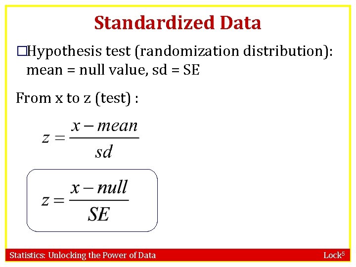Standardized Data �Hypothesis test (randomization distribution): mean = null value, sd = SE From