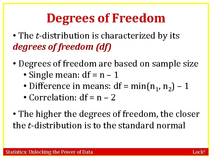 Degrees of Freedom • The t-distribution is characterized by its degrees of freedom (df)