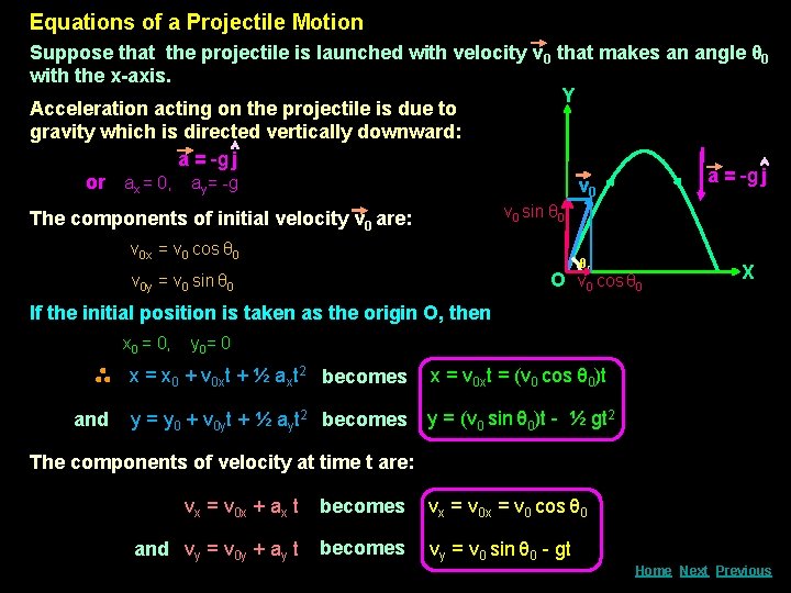 Equations of a Projectile Motion Suppose that the projectile is launched with velocity v