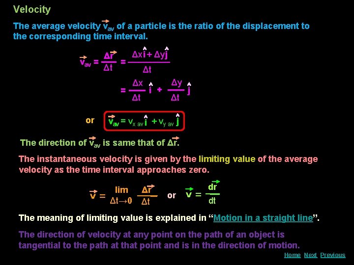 Velocity The average velocity vav of a particle is the ratio of the displacement