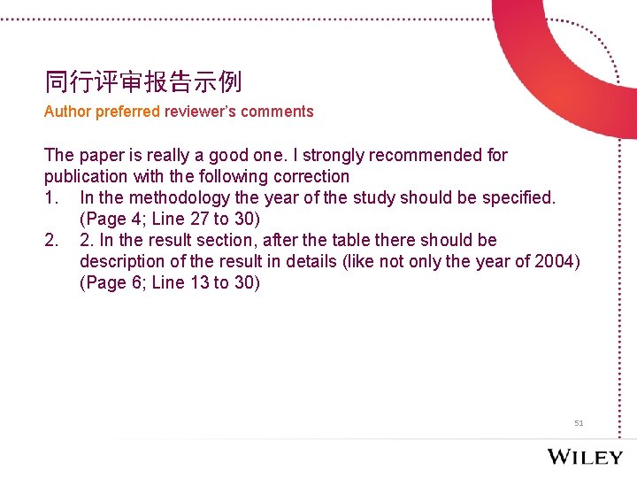 同行评审报告示例 Author preferred reviewer’s comments The paper is really a good one. I strongly