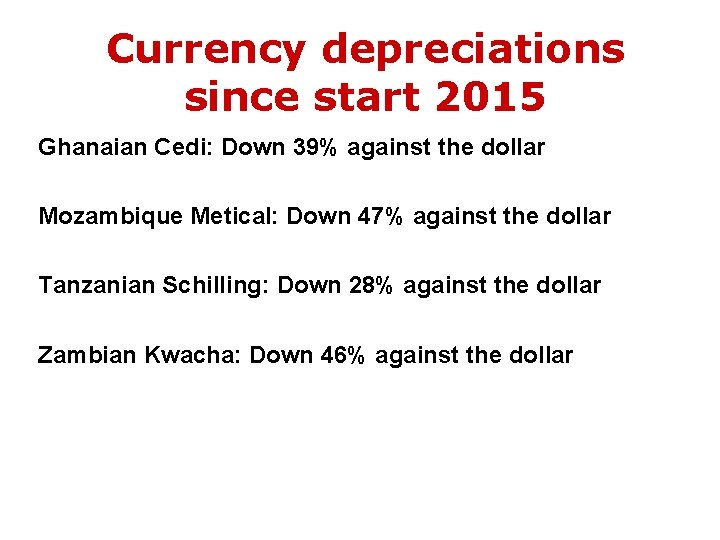 Currency depreciations since start 2015 Ghanaian Cedi: Down 39% against the dollar Mozambique Metical: