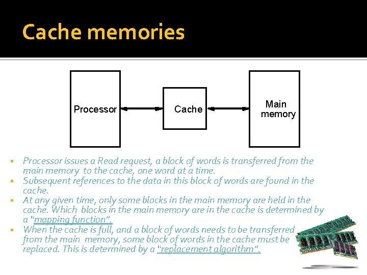 Cache memories Processor Cache Main memory Processor issues a Read request, a block of