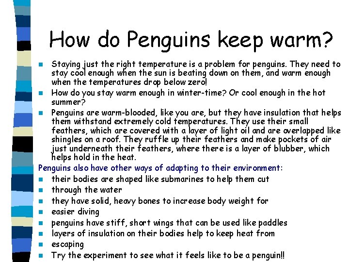 How do Penguins keep warm? Staying just the right temperature is a problem for