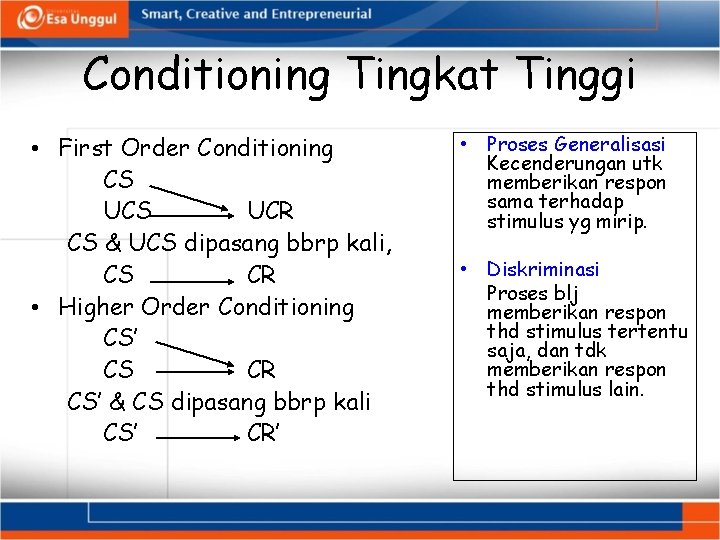 Conditioning Tingkat Tinggi • First Order Conditioning CS UCR CS & UCS dipasang bbrp