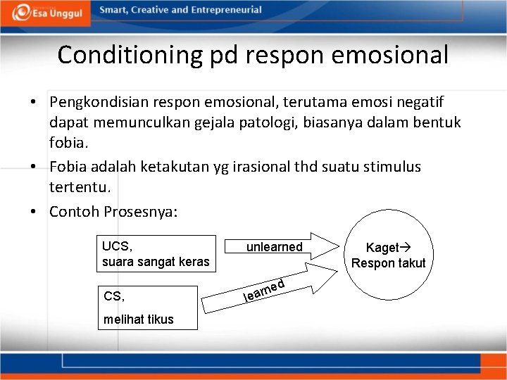 Conditioning pd respon emosional • Pengkondisian respon emosional, terutama emosi negatif dapat memunculkan gejala