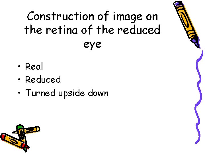 Construction of image on the retina of the reduced eye • Real • Reduced