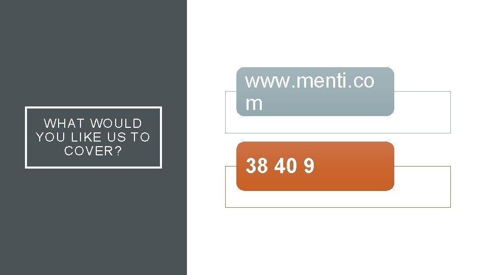 www. menti. co m WHAT WOULD YOU LIKE US TO COVER? 38 40 9