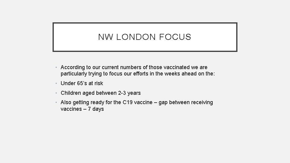 NW LONDON FOCUS • According to our current numbers of those vaccinated we are