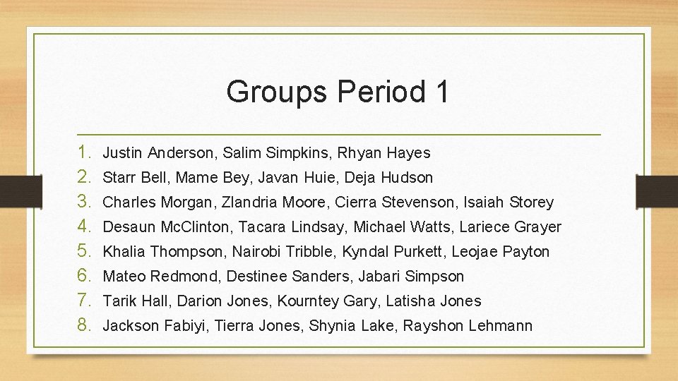 Groups Period 1 1. 2. 3. 4. 5. 6. 7. 8. Justin Anderson, Salim