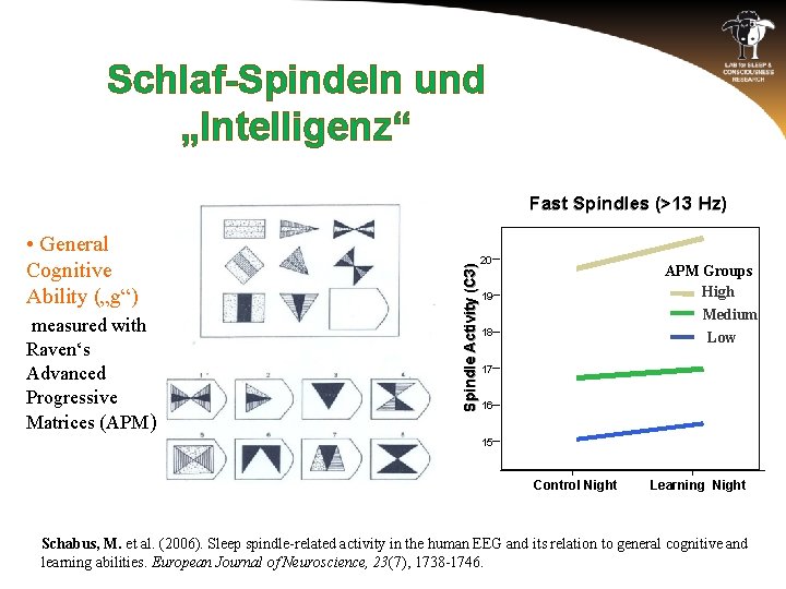 Schlaf-Spindeln und „Intelligenz“ • General Cognitive Ability („g“) measured with Raven‘s Advanced Progressive Matrices