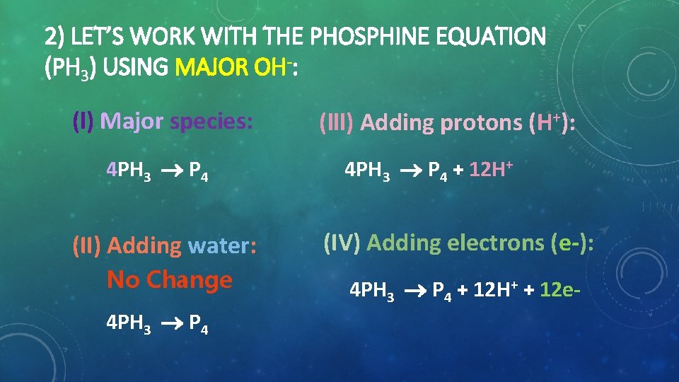 2) LET’S WORK WITH THE PHOSPHINE EQUATION (PH 3) USING MAJOR OH-: (l) Major