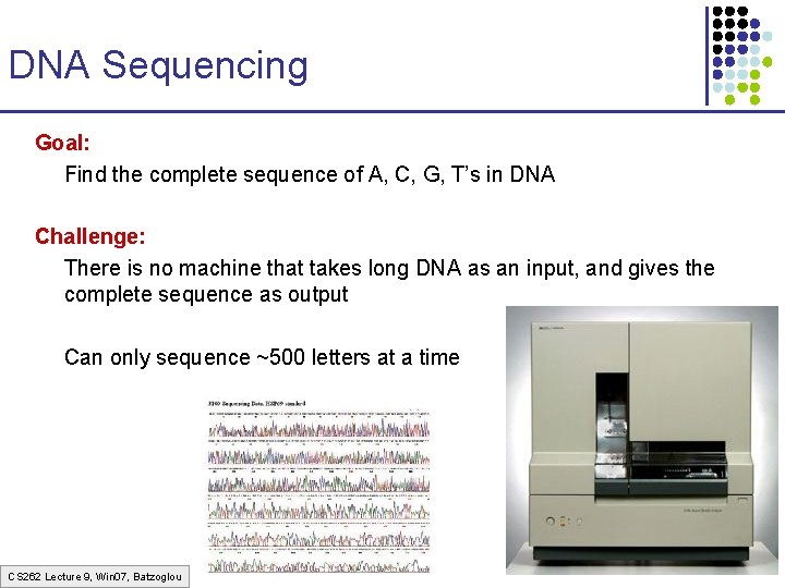 DNA Sequencing Goal: Find the complete sequence of A, C, G, T’s in DNA