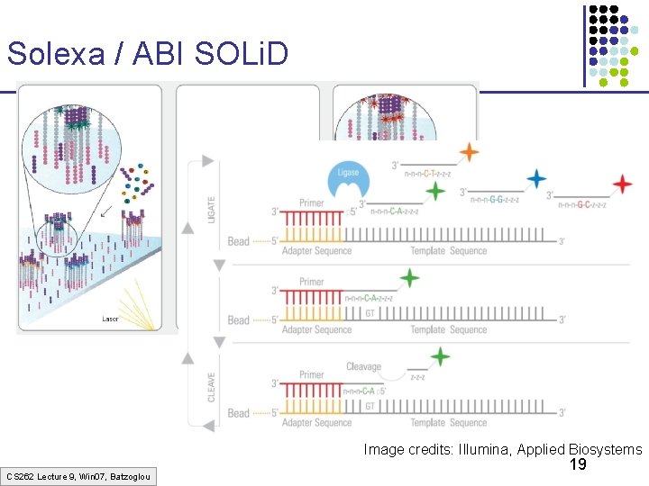 Solexa / ABI SOLi. D Image credits: Illumina, Applied Biosystems CS 262 Lecture 9,