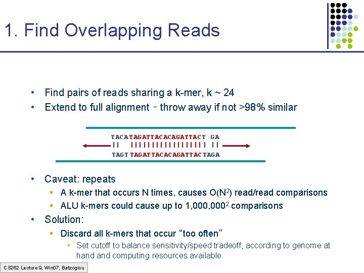 1. Find Overlapping Reads • Find pairs of reads sharing a k-mer, k ~