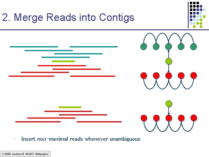 2. Merge Reads into Contigs • Insert non-maximal reads whenever unambiguous CS 262 Lecture