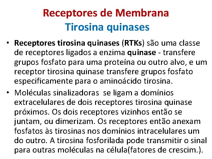 Receptores de Membrana Tirosina quinases • Receptores tirosina quinases (RTKs) são uma classe de