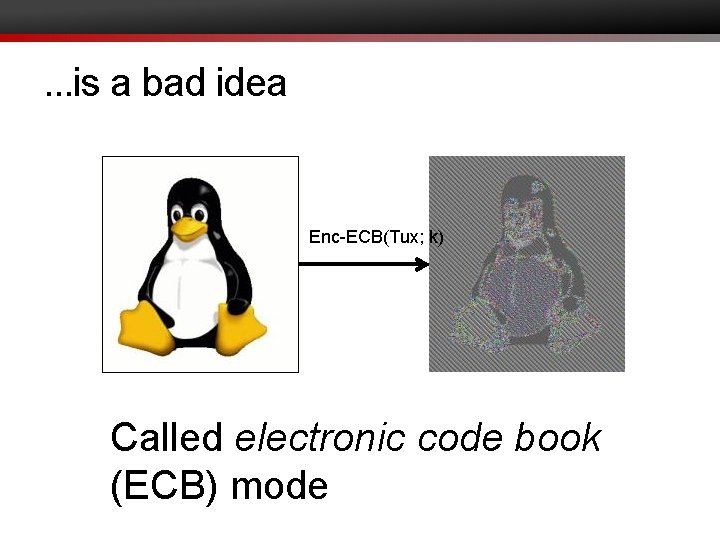 . . . is a bad idea Enc-ECB(Tux; k) Called electronic code book (ECB)