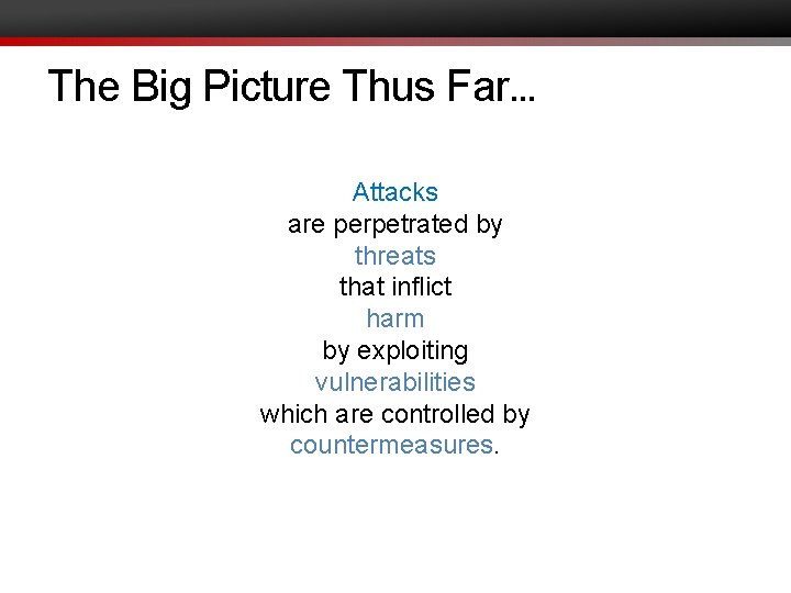 The Big Picture Thus Far… Attacks are perpetrated by threats that inflict harm by