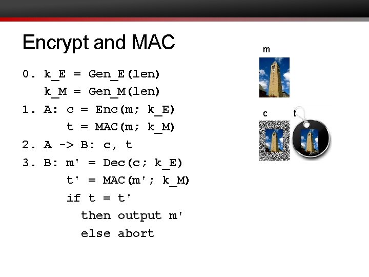 Encrypt and MAC 0. k_E = Gen_E(len) k_M = Gen_M(len) 1. A: c =