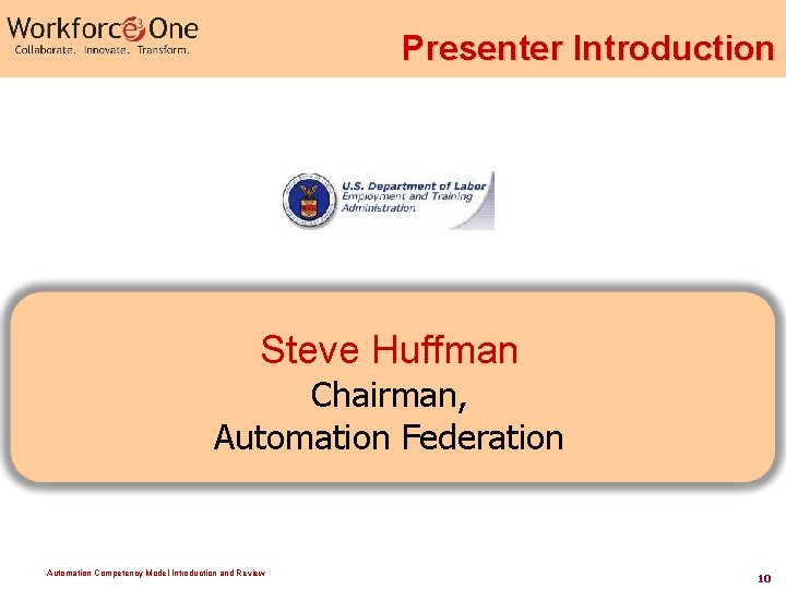 Presenter Introduction Steve Huffman Chairman, Automation Federation Automation Competency Model Introduction and Review 10