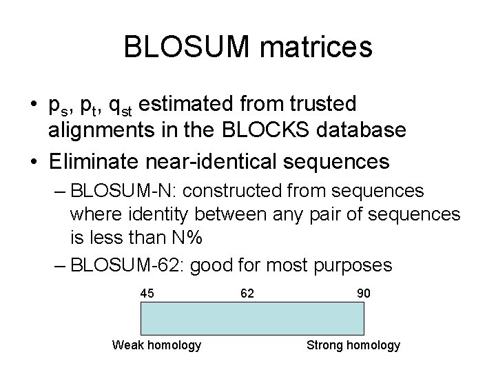 BLOSUM matrices • ps, pt, qst estimated from trusted alignments in the BLOCKS database