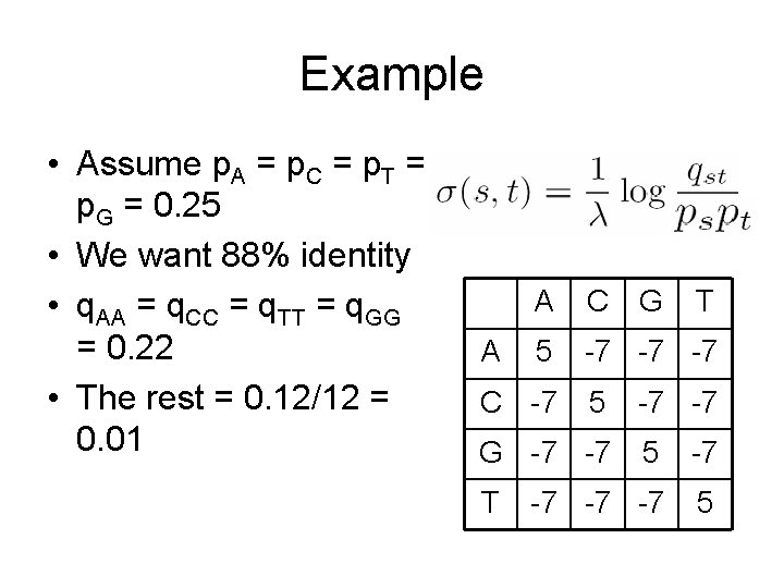Example • Assume p. A = p. C = p. T = p. G Example • Assume p. A = p. C = p. T = p. G